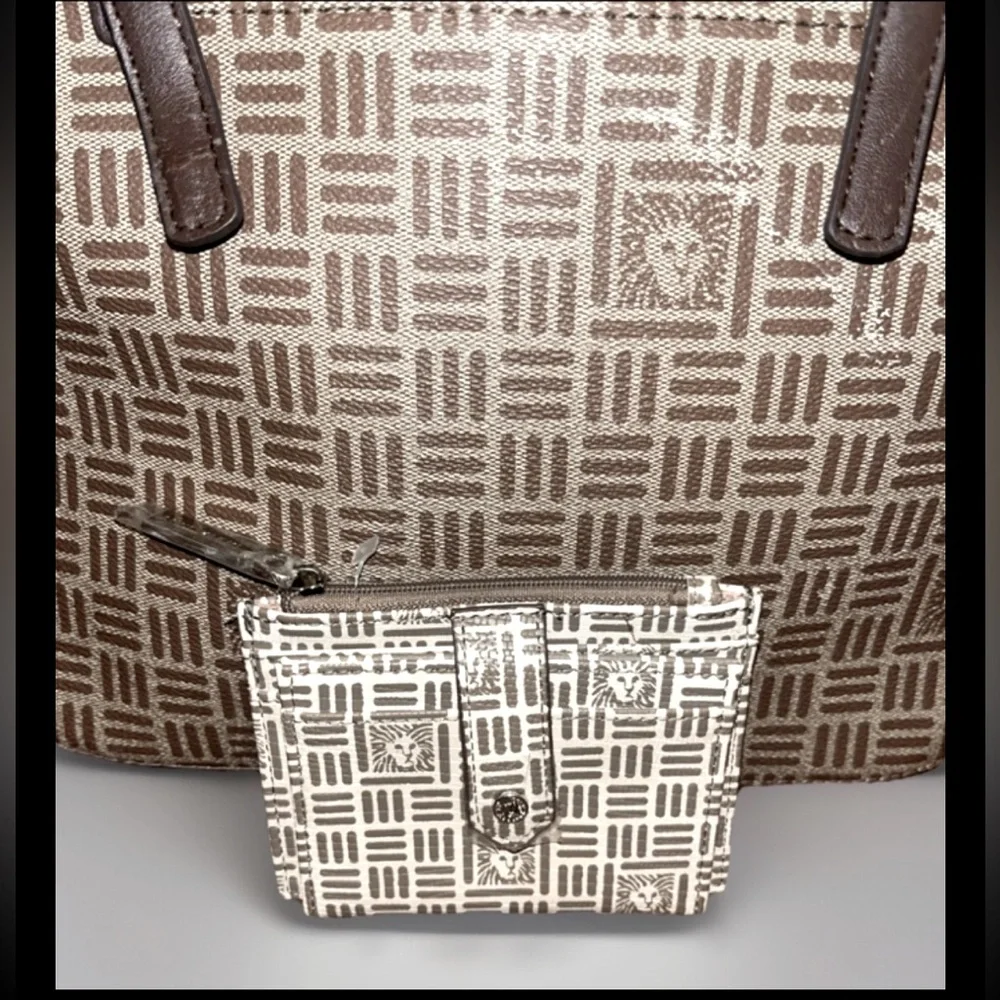 Anne Klein Lion Logo Satchel Shoulder/Handle Khaki/Brown Handbag Purse W/Wallet
